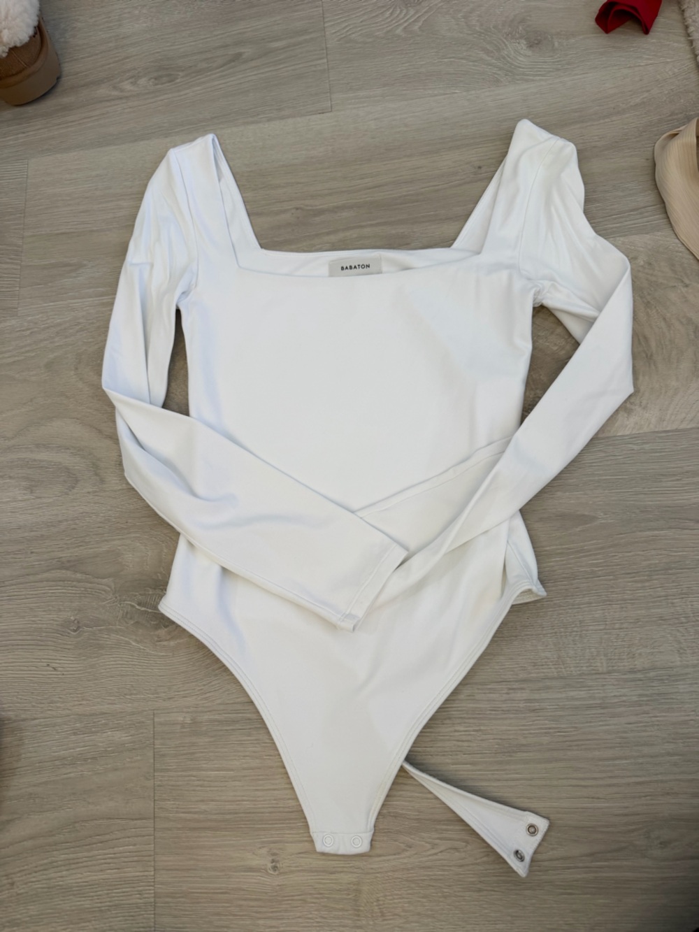 Aritzia Babaton White Long-Sleeve Square Neck Bodysuit